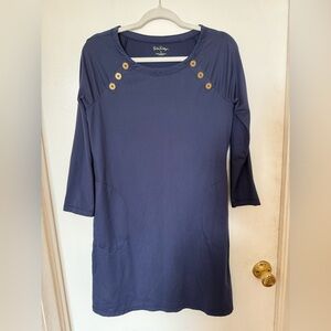 Navy Blue 3/4 Sleeve Dress with Button Accents